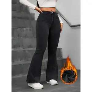 Women's Vintage Flare Jeans, Slim Fit Casual Fleece Lined, Warm Thick Denim Fabric, Pockets, Versatile Style, Fall & Winter
