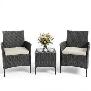 Garvee 3PCS Outdoor Patio Bistro Set with PE Rattan Wicker Armchairs, Water-Resistant Cushions, and Tempered Glass Coffee Table. All-Weather Conversation Set Ideal for Garden, Backyard, Porch, Poolside in Black/Beige or White.