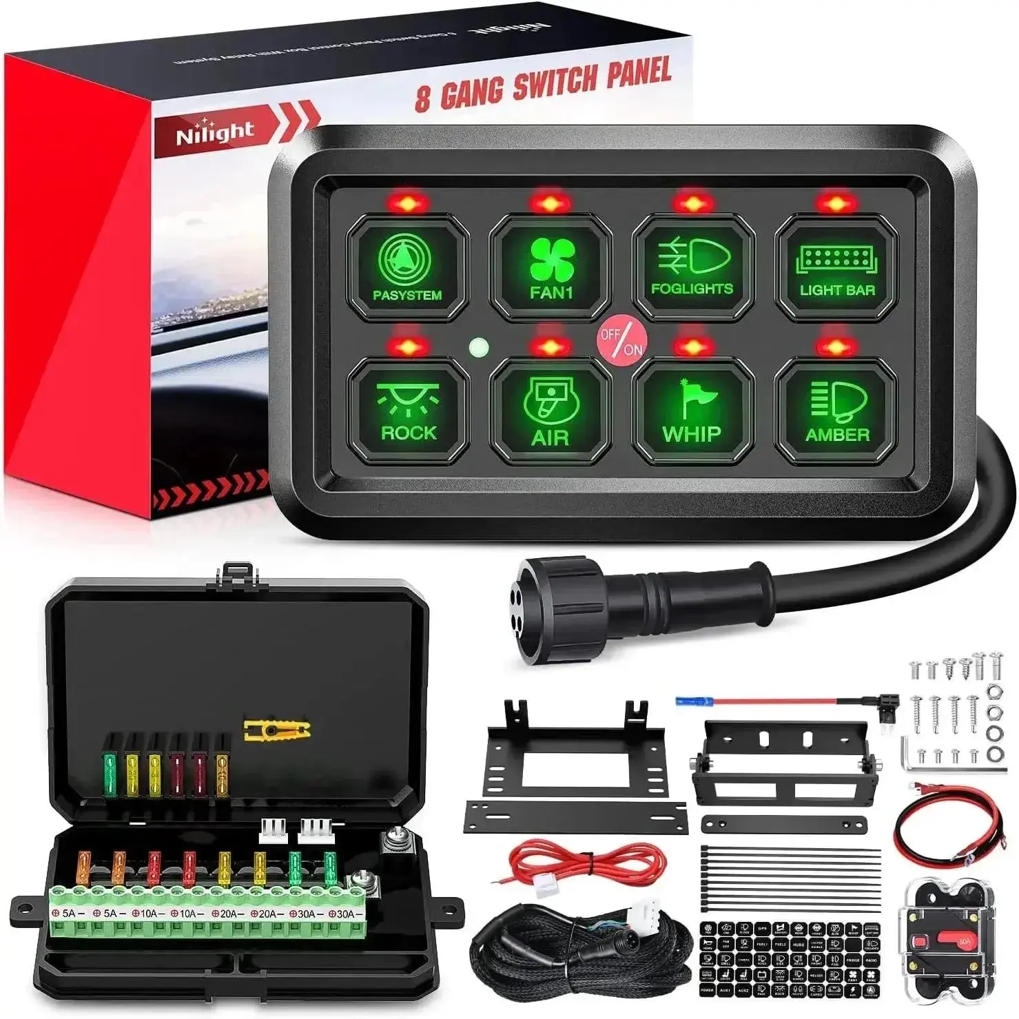 Nilight 8-Gang Multifunction Green Rocker Switch Panel System - 12-24V DC Backlit Dimmer with Overload Guard, Compact Switchboard for Easy Installation, 8-Gang Cord Switches, 8-Gang Switch Panel Cord Switches