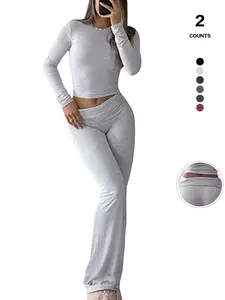 TFNOSIZE Women's 2-Piece Activewear Set Long-Sleeve Crop Top & Wide-Leg Pants Stretchy Fabric for Yoga Leisure Daily Active Scenarios Workout Running Clothes