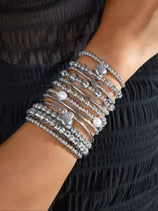 Women's Fashion Heart Pendant Beaded Bracelet Set, Multi-Layer Trendy Stack Bangle Simulated Pearl Jewelry, Casual Daily Wear Accessory