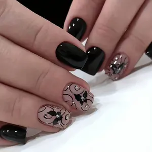 24pcs Short Square Black Vine Dark Style Butterfly Leaf French-Style Color-Block Fashion European and American Ins Style Sweet Cool Versatile Hot Black Glitter Wearable Detachable False Nails with One Nail File & One Jelly Glue