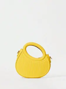 Women's Mini Ribbed Crescent Handbag, Round Top Handle Crossbody Bag, 2-Color (Yellow/White) PU Leather Purse, Trendy Structured Mini Bag for Daily, Party, Aesthetic Streetwear Accessory