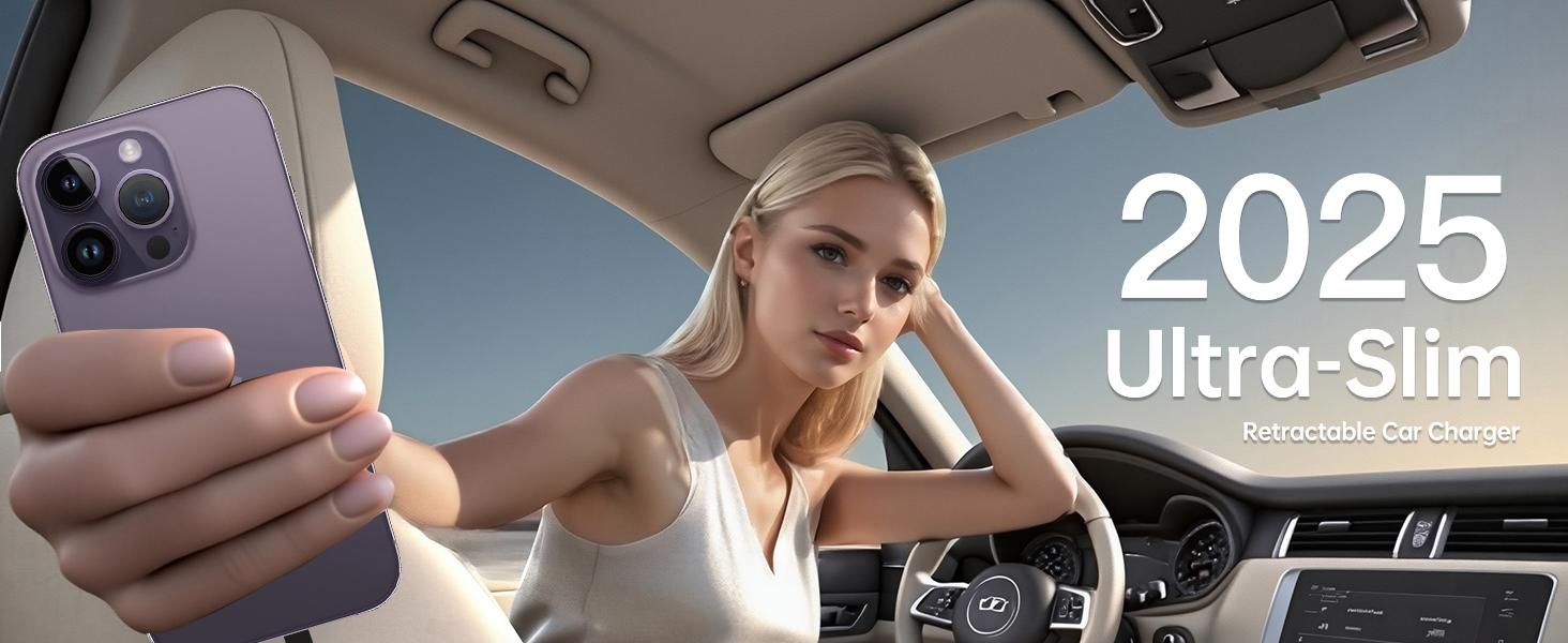 Flexino Ultra-Slim Retractable Car Charger for iPhone 16 63W Fast Charging USB C Adapter with 2.6ft Cord Compatible with iPhone 17 15 Series Galaxy Pixel Grey Port