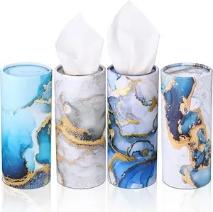 4 Pack Car Tissue Holder with Facial Tissue Bulk Car Round Tissue Boxes Cylinder Tissue Tubes Marble Print Travel Tissue Holder for Car Cup Holder Home Bathroom Office