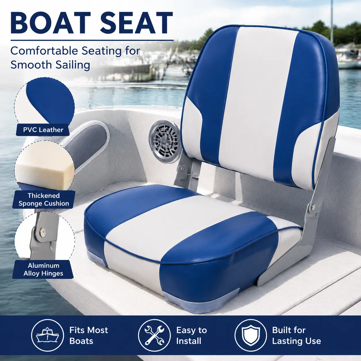 Low Back Marine Fold-Down Fishing Boat Seat 1 Pack, Waterproof Universal Boat Chair with Thickened Sponge Padding & Aluminum Hinges, 4 Screws Included, Fits 5"x5" Bolt Pattern, for Pontoon Bass Tracker Sightseeing Speedboat Canoe, Various Colors