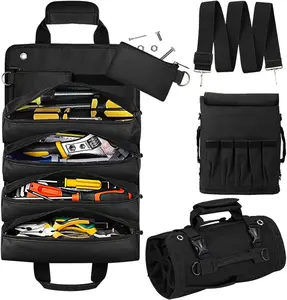 Tool Roll Bag, Small Roll Up Tool Bag with Detachable Pouches, Heavy Duty Roll Up Tool Bag Organizer, Tool Storage Kit for Mechanic & Electrician, Gifts for Men (Black)