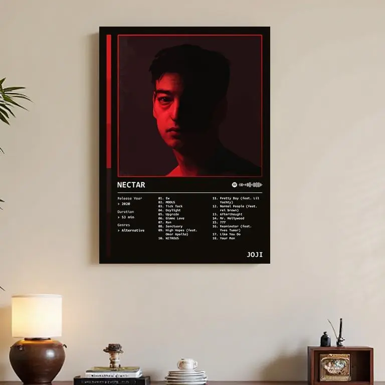 Framed 2D Flat, Joji Nectar Album Art Print - Alternative Music-Inspired Decor with Wooden Frame, Modern Vintage Design, High-Quality Canvas Wall Art for Home & Office, Elegant Graduation Gift, Music Room Decor, Perfect for Room Decor
