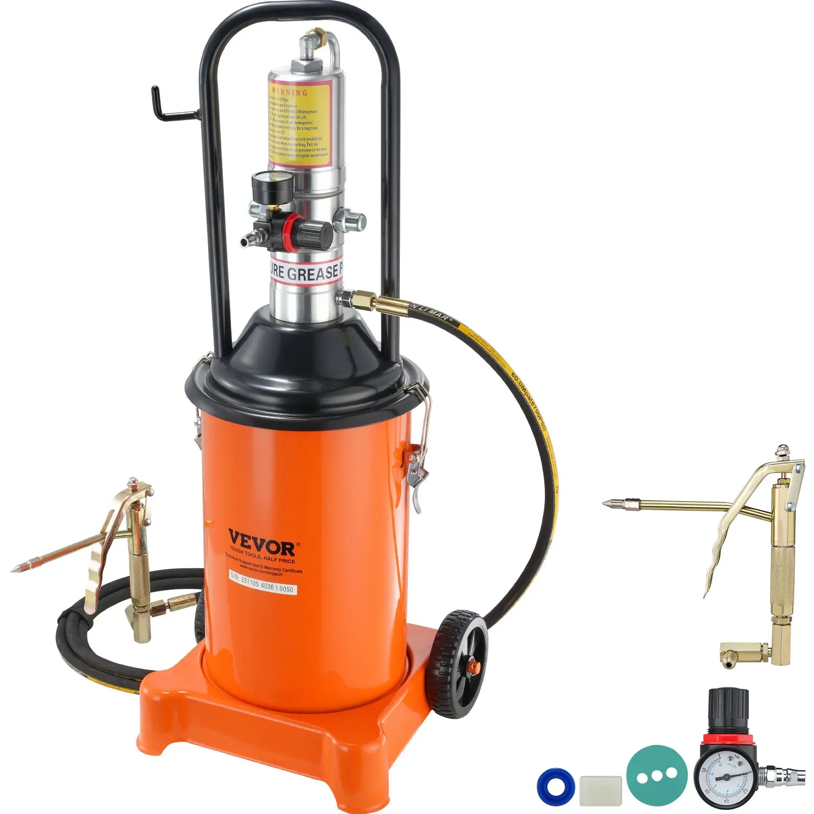 VEVOR Air Operated Steel Barrel Pump, 3 gal/12L Capacity, 50:1 Pressure Ratio, 13ft High Pressure Hose & Grease Gun, Pneumatic Bucket Pump with Wheels