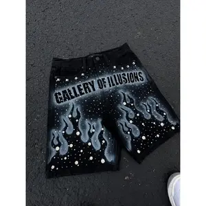 StevensMelissa Summer sports shorts Streetwear Vintage Rhinestone Sequin Denim Shorts Y2K Jeans Hiphop Letter Sequin Washed Baggy Short Low Waist Over The Knee Pant