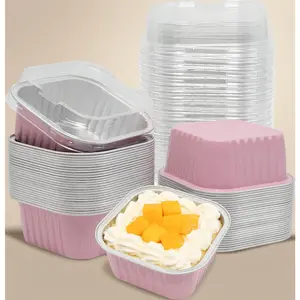 Disposable Mini Square Cake Pans with Lids – 50 Pack 5oz Aluminum Baking Cups for Party Picnic, Pink
