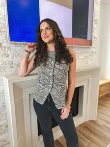 Denim Tiger Print Sleeveless Button Down Vest
