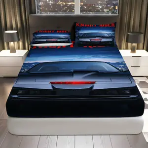 3Pcs Knight Rider Car Retro Fitted Sheet Three Piece Set (1*Fitted Sheet+2*Pillowcases, Coreless), Entertainment theme, Classic Cool Bedding Set, Mattress protector Soft, Breathable