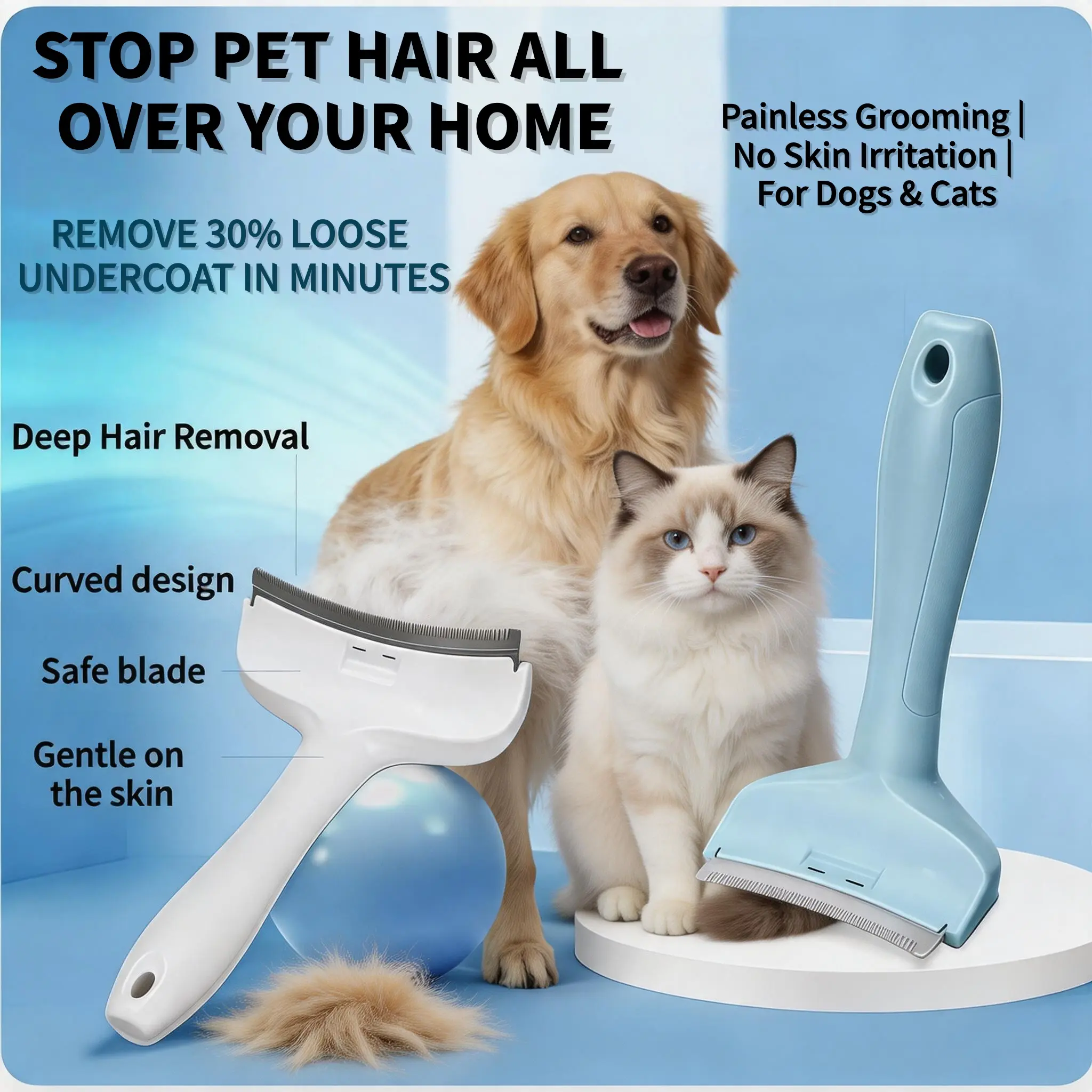 Premium Pet Deshedding Brush | Efficiently Clear Up To 30% Loose Undercoat Fur, Painless Safe Grooming Comb for Long & Short Haired Dogs Cats, Reduce Household Shedding Troubles