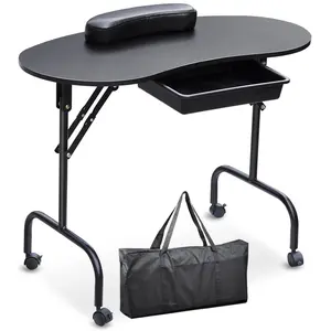 37-inch Portable Folding Nail Table with Locking Wheels & Large Drawer - Mobile Manicure Station in Black for Home & Professional Salon Use