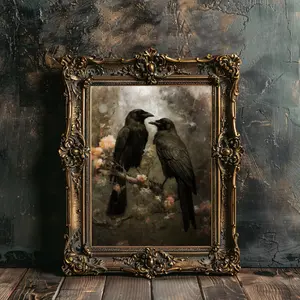 Raven Couple in Dark Forest Wall Art Print Vintage Dark Cottagecore Wildlife Painting Gothic Decor Dark Academia Artwork Retro Art Poster (UNFRAMED)