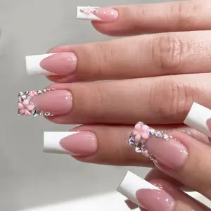 24pcs French Style Square Nail Tips, Detachable Diamond Design False Nails, Wholesale Fashion Manicure Accessories