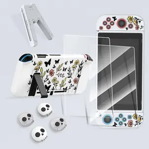 Game Console Accessories Set, Game Console Protective Cover with Tempered Film & V-shaped Grip & Rocker Cap, Console Accessories for Switch OLED/NS/Lite, Gaming Products