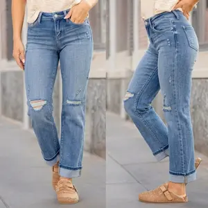 Women’s mid-rise ripped straight jeans, one pair featuring a shaping cut, distressed rolled hem design, American casual style, blue wash with cat-whisker white fade effect, suitable for everyday commuting and casual wear., Fabric, Smooth tiktokshopspringg