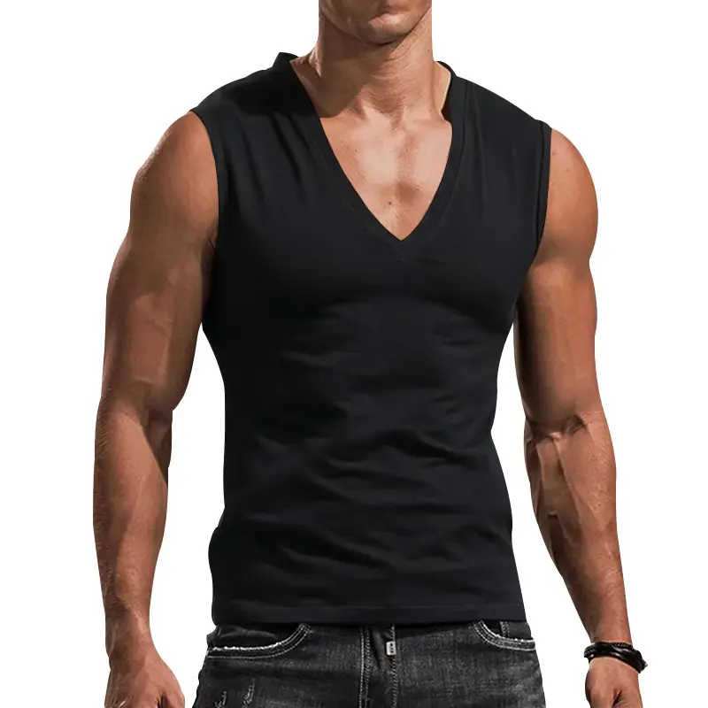 Mens Clothing V-neck Sleeveless T-shirt Solid Color Slim Fit Vest Breathable Casual Daily Wear Top For Men Soft Stretchy Workout Gym Basic Sleeveless Tee Lightweight Comfortable