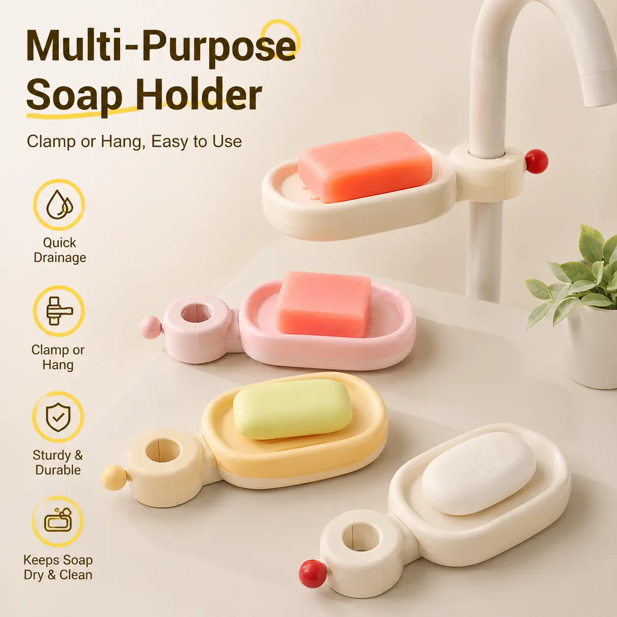 1 Count, Drainable Soap Dish with Small Hanging Hook, Fits Faucet and Shower Rod for Bathroom Daily Soap Storage