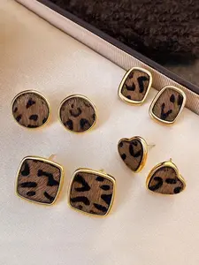 Vintage Leopard Print Stud Earrings Set, Geometric Design, Elegant Fashion Jewelry for Women, Daily Commute, Parties, Holidays, Geometric Pattern Earrings