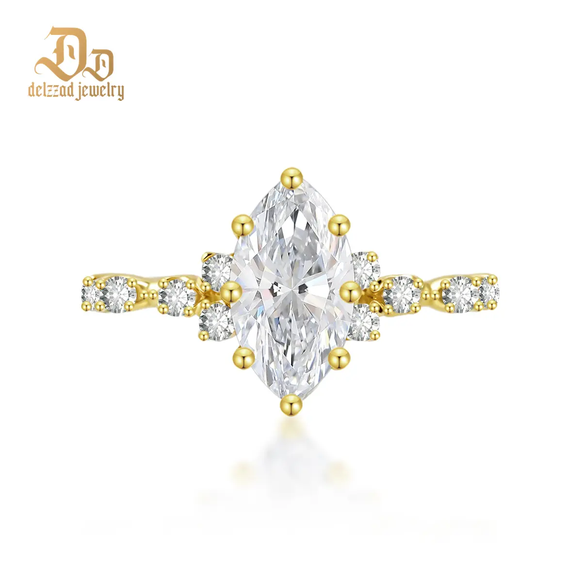 Delzzad 2.3ct Golden Aurora Spire Ring Band Marquise Cut Cluster Engagement Ring VVS Synthetic Moissanite Ring Jewelry S925 Band Perfect Birthday Engagement Wedding Anniversary Christmas Valentine's Day Gift