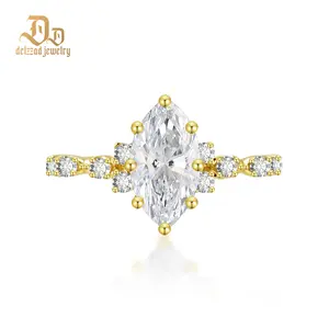 Delzzad 2.3ct Golden Aurora Spire Ring Band Marquise Cut Cluster Engagement Ring VVS Synthetic Moissanite Ring Jewelry S925 Band Perfect Birthday Engagement Wedding Anniversary Christmas Valentine's Day Gift