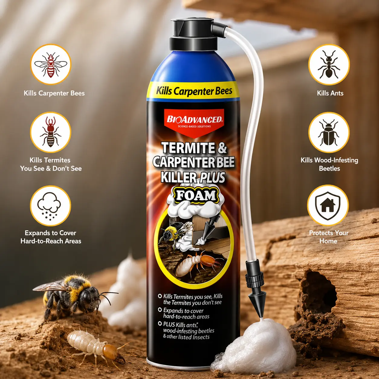 BioAdvanced Termite & Carpenter Bee Killer Plus Foam Spray - Expanding Foam for Wood-Infesting Pests - 18 oz Can, Wall German Cockroach Gel Bait Insecticide