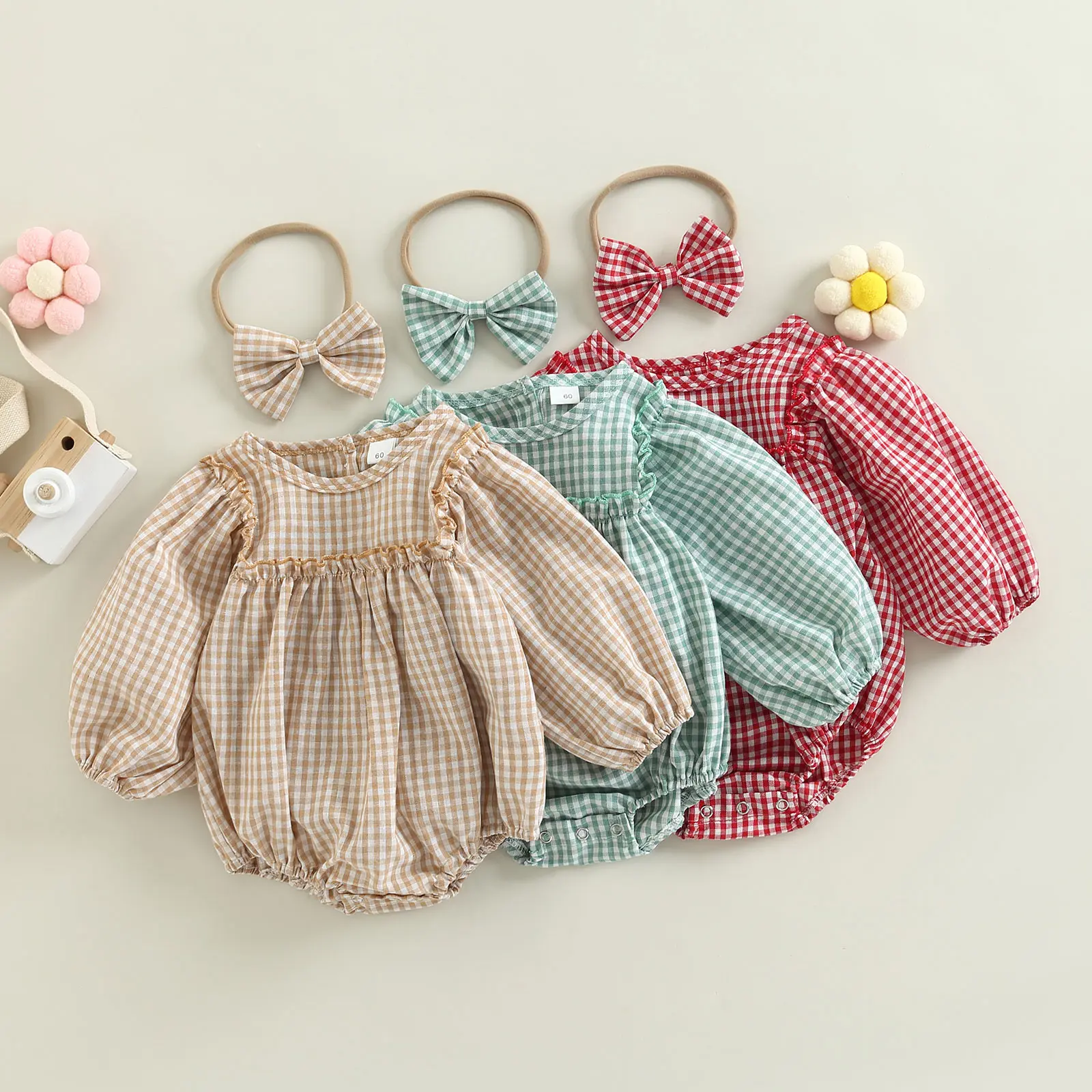 Baby Girl Clothes Plaid Bubble Romper with Headband Infant Fall Winter Outfit for Preemie Newborn Christmas Clothes