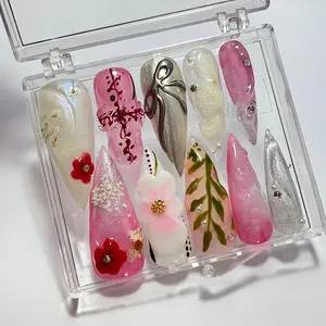 Free Style 3D Flowers Almond Press On Nails, Elegance Fake Nails for Holiday, Party, Event, Cute Birthday Gift