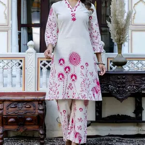 Khadi Cotton Two Pieces Cord Sets Kurtas with Blue Floral Design on White Fabric Clothes Womenswear Suits