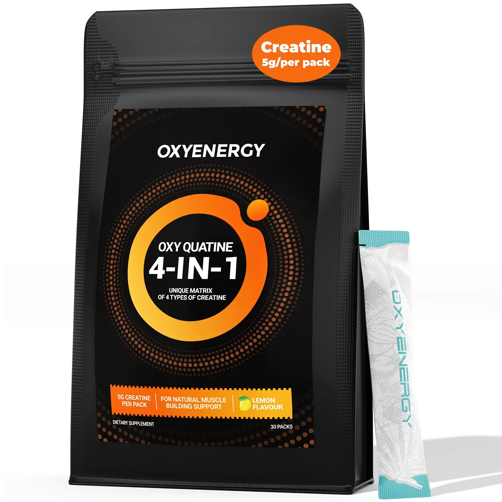 OXYENERGY QUATINE 4-in-1 Muscle Creatine Powder Trial Pack - 7 Sticks, 5000mg Creatine, Lemon Flavor, Dietary Supplement to Boost Strength, Power for Fitness Workouts, Fitness Supplement, Creatine Amino Acids Nutritional Supplements