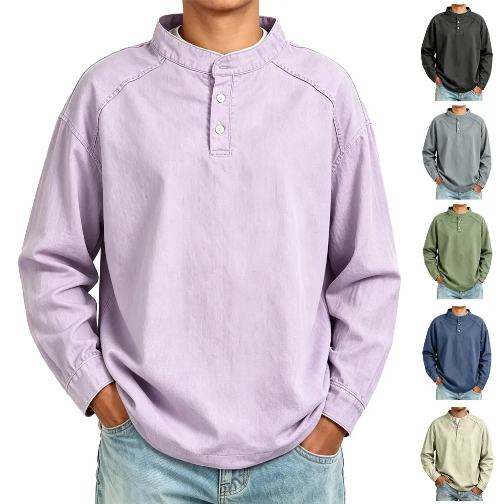 2026 Cross-border Men's Autumn/Winter New Arrival: Loose-fit Henley-collar Pullover Shirt with Distressed Wash Finish – Solid-color Vintage-style Long-sleeve Casual Shirt