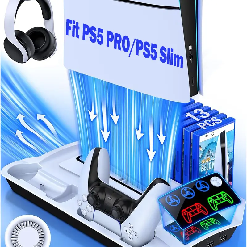 Multifunctional PS5 Stand with Turbo Cooling Station, Controller Charging Station (Charge 2 at Once), 3-Level Cooling Fans, 13 Game Slots, 1x Headset Holder for PS5 Pro, Slim, Digital & Disc Consoles