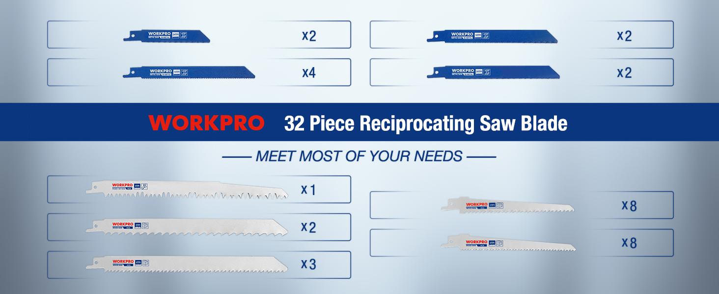 WORKPRO 32-Pack Reciprocating Saw Blade Set - Metal/Woodcutting Saw Blades, Pruner Saw Blades with Organizer Pouch