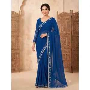 Elegant Blue Georgette Pre-Pleated Saree with Embroidered Blouse