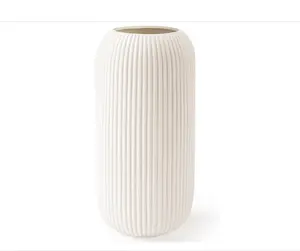 Ceramic Vase for Flowers – Modern Small Ribbed Textured Flower Vase for Home Decor, Pampas Grass, Decorative, Farmhouse, Coffee Table, Kitchen Centerpieces, Bookshelf and Home Living (White)