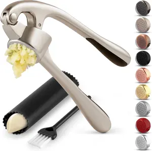 Garlic Press and Mincer Tool Set Stainless Steel Easy Squeeze Garlic Crusher with Ergonomic Handle Silicone Garlic Peeler and Cleaning Brush Kitchen Prep Gadget Silver