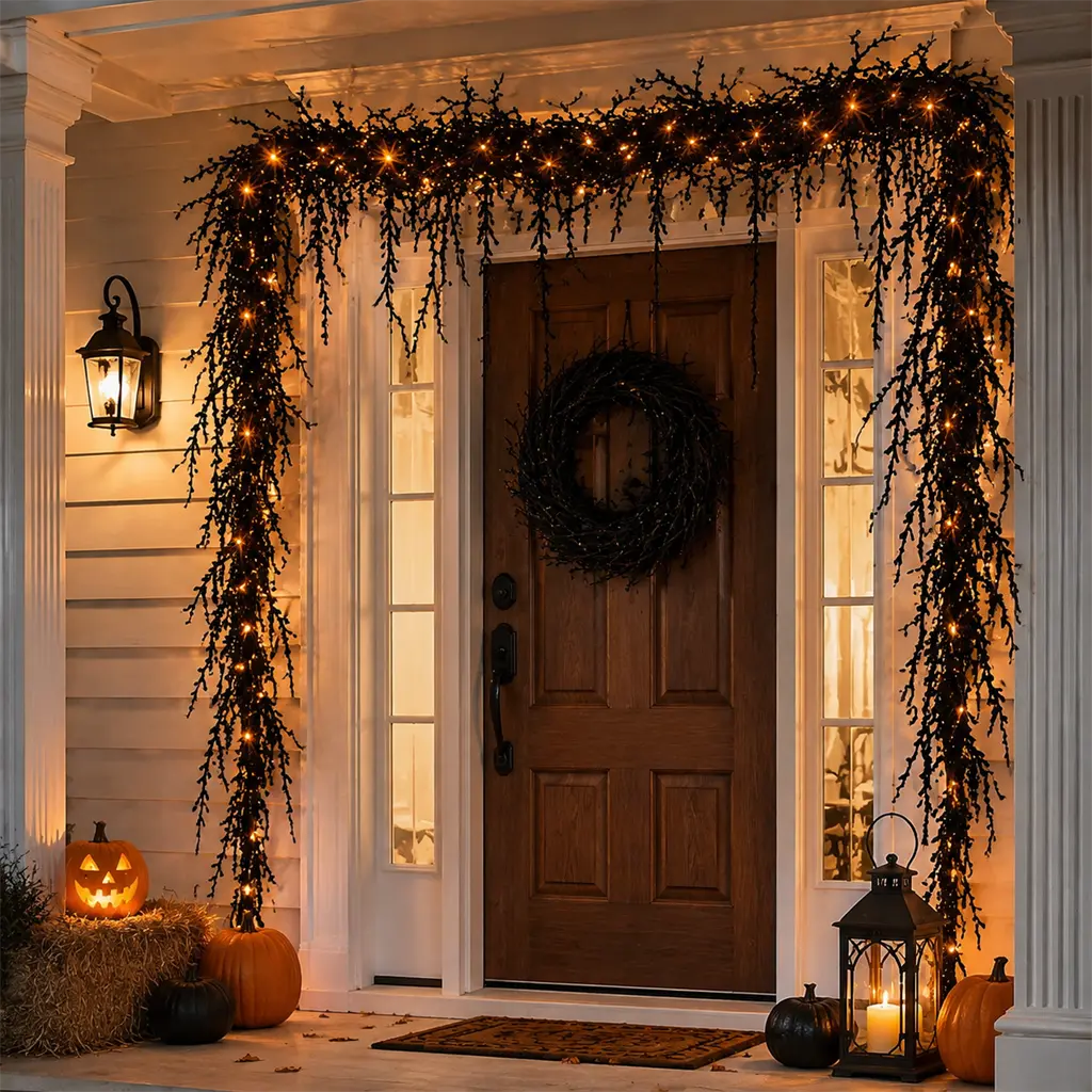 Halloween Lighted Black Vine Garland  Waterproof Gothic DecorWarm LED Lights | Flexible Black Vine | Mantel Doorway and Porch Decor sohochic