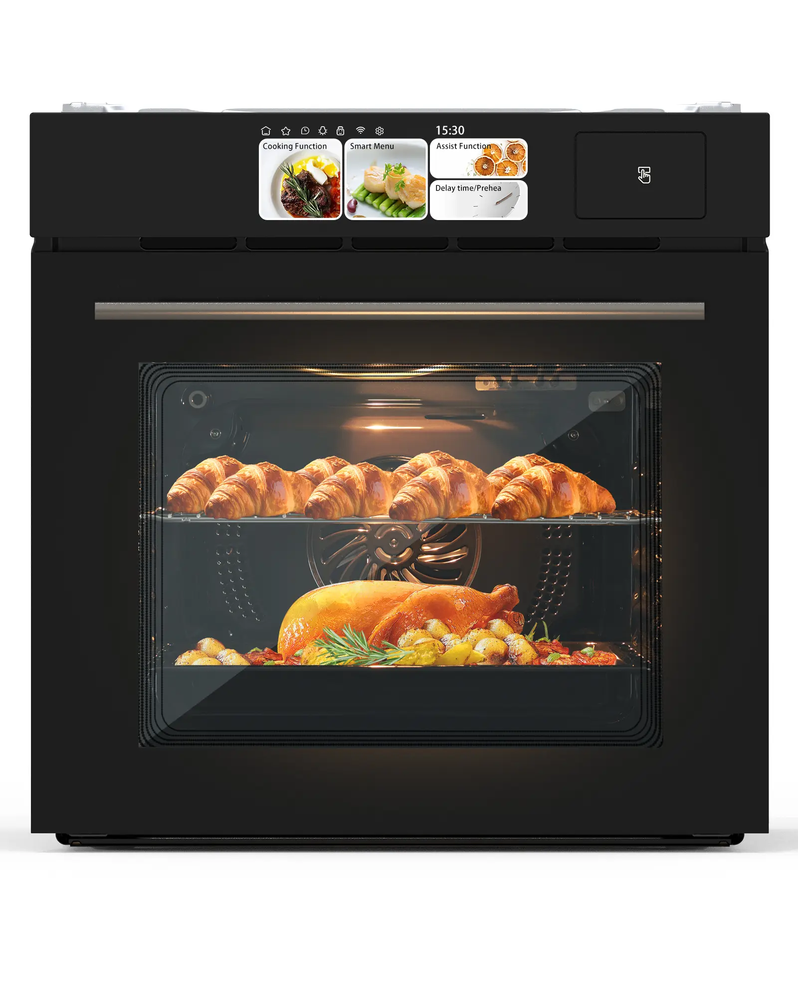 Superior 24-inch Single Built-in Electric Wall Oven, 2.5 cu. ft. Capacity, 3000W Convection. It features 8 cooking functions with touch and knob dual controls, and is equipped with rotisserie, air fry, grill and steam modes, finished in black stainless st