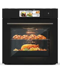 Superior 24-inch Single Built-in Electric Wall Oven, 2.5 cu. ft. Capacity, 3000W Convection. It features 8 cooking functions with touch and knob dual controls, and is equipped with rotisserie, air fry, grill and steam modes, finished in black stainless st