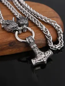 Vintage Viking Wolf Head Pendant Necklace Perfect As Gift, Punk Hip Hop Party Necklace for Party, Daily Clothing Decor, Trendy All-match & Exquisite Jewelry for Birthday Gift, Valentine's Day, Gift, Cuban Link Chain