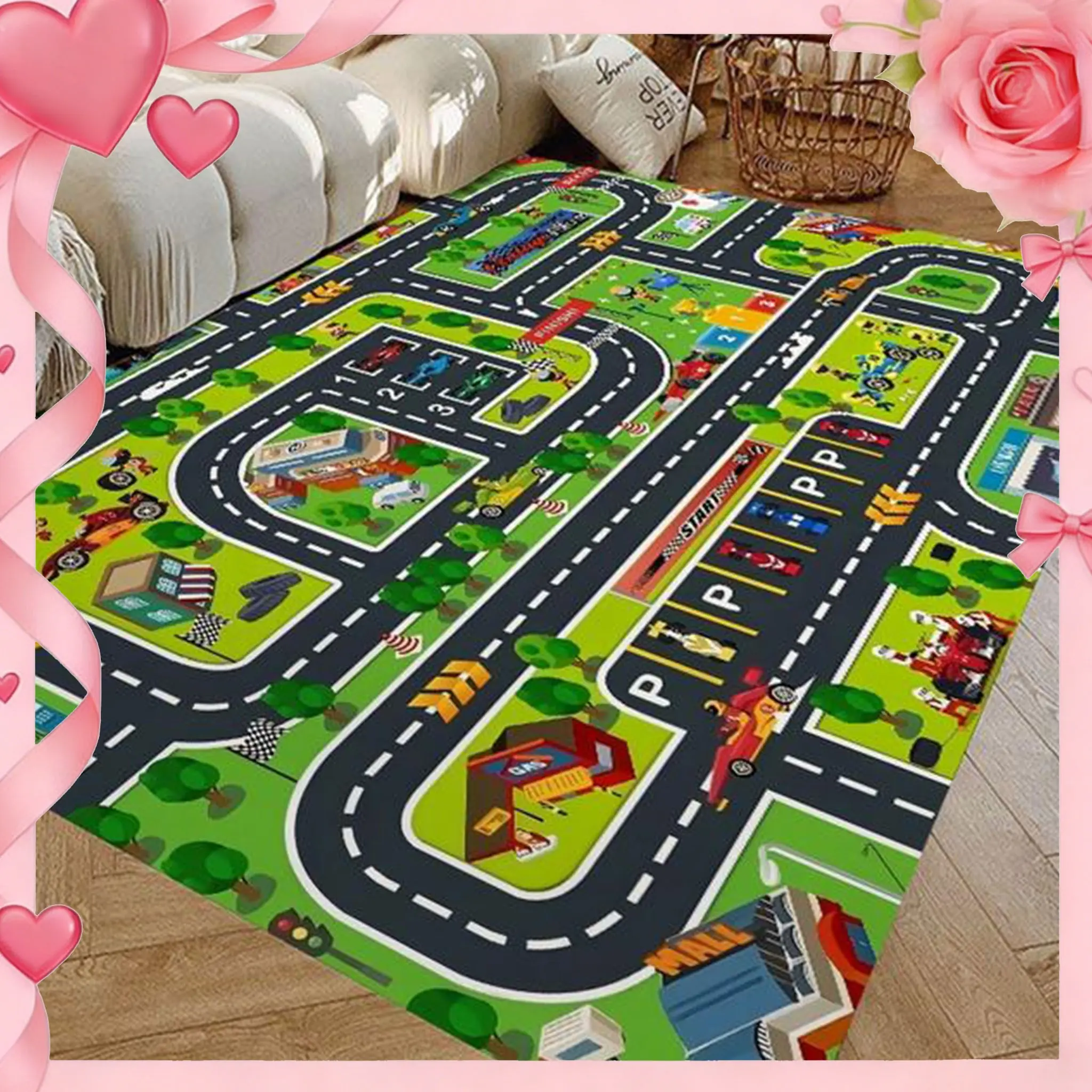 Road Car Rug, City Road Rug for Kids, Kids Floor Play Mat and Car