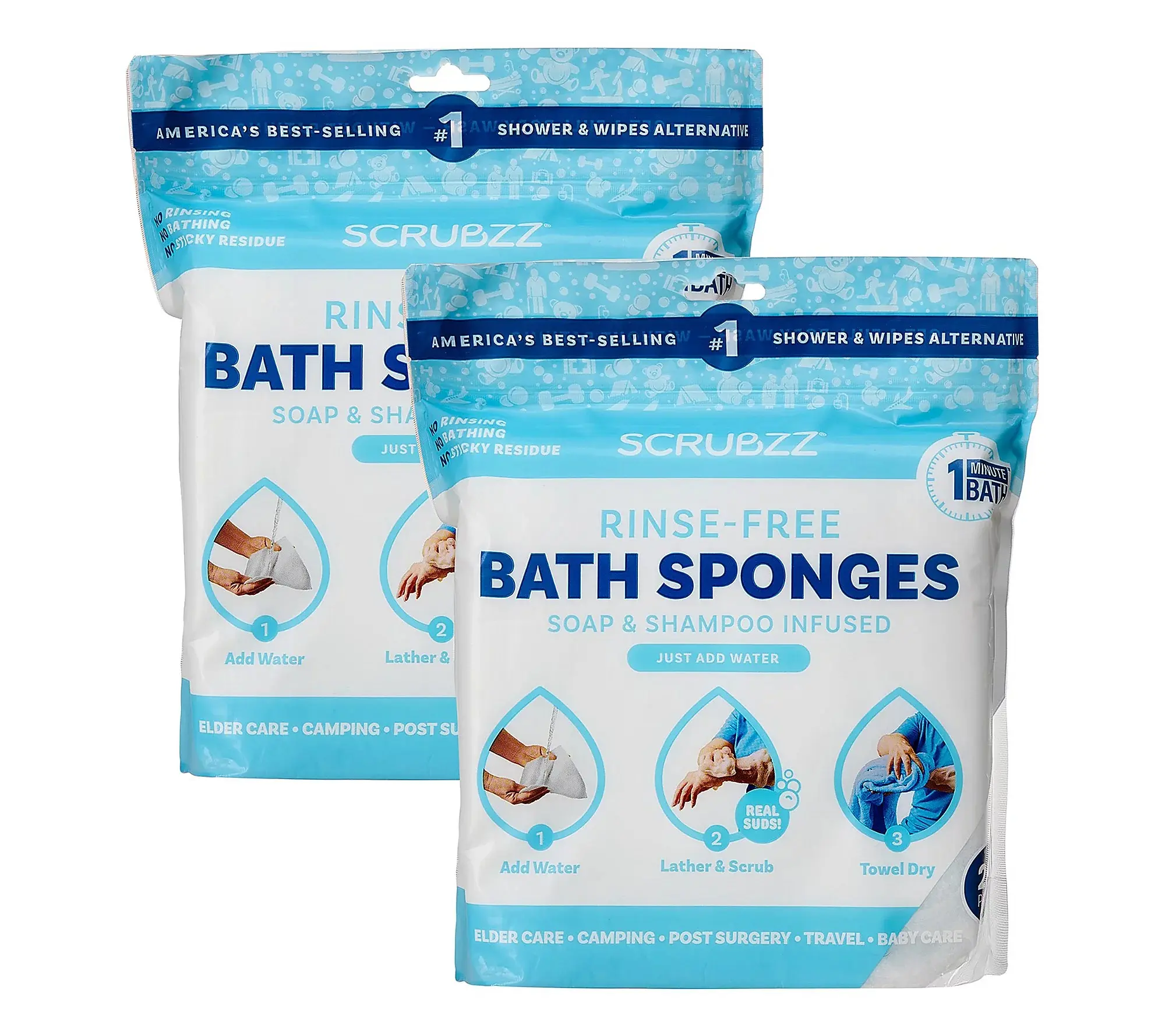 Scrubzz Disposable No-Rinse Bathing Sponge Wipes, 50-Count Travel Bathing Accessory for Personal Care