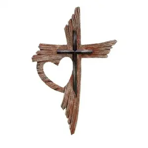 Stylish Home Décor Premium Brass Vintage Heart-Shaped Wall-Mounted Cross Multi-Layered Distressed Wood Grain Texture Jesus Spiritual Art Sculpture 12" Tall 8" Wide 1/2" Deep - Decor, Religious