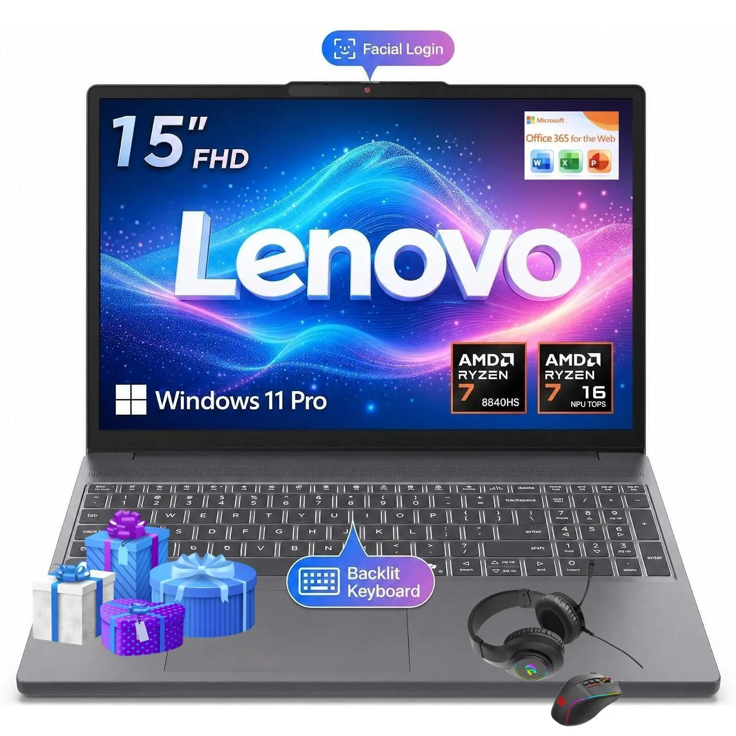 2026 Lenovo Gray 15.3" Touchscreen Laptop | Ryzen 7 8840HS, Radeon 780M Graphics, Up to 32GB RAM 1TB SSD, FHD 1080P IR Camera, Backlit Keyboard, Windows 11 Pro, Bundle Accessories Included