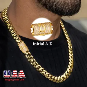 Capital Letter A-Z Letter Curb Link Miami Necklace Initial Gold Plated Stainless Steel Hip Hop Diamond Cuban Chain Rhinestone Detail Men's Alphabet Men's  Jewelry Name
