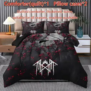 Gothic Dark Cherry Blossom Crane Bedding Set, Quilted Comforter & Pillowcases, All-Season Warm Bed Decor, Cotton Material