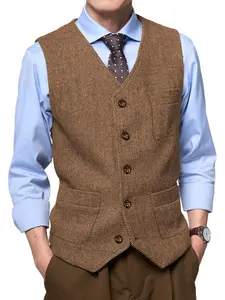 Mens Retro Tweed Herringbone Vest V Neck Casual Wool Waistcoat for Wedding Busniess Groomsmen